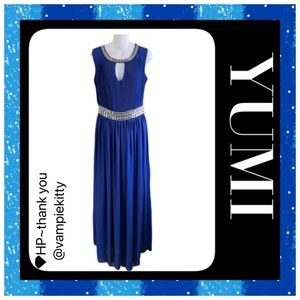 YUMI Formal Cobalt Blue Maxi Dress with Rhinestone Embellishments Size 4